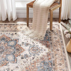 Washable Rug 10x14 Area Rugs: Boho Vintage Distressed Oriental Medallion Neutral Thin Large Rug Carpet for Living Room Bedroom Dining Room Home Office Decor - Camel