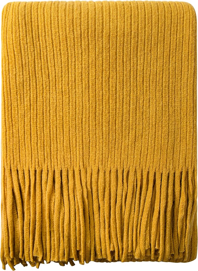 NTBAY Acrylic Knitted Throw Blanket, Lightweight and Soft Cozy Decorative Woven Blanket with Tassels for Travel, Couch, Bed, Sofa, 51x67 Inches, Mustard Yellow Striped