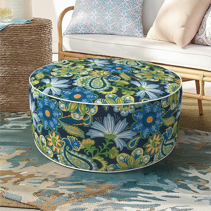 Inflatable Ottoman Stool D21 xH9 for Outdoor/Indoor Use, Water Repellent Patio Foot Rest with Portable Handle,Round Pouf Ottoman Suitable for Garden,Deck and Camping-Flower Child