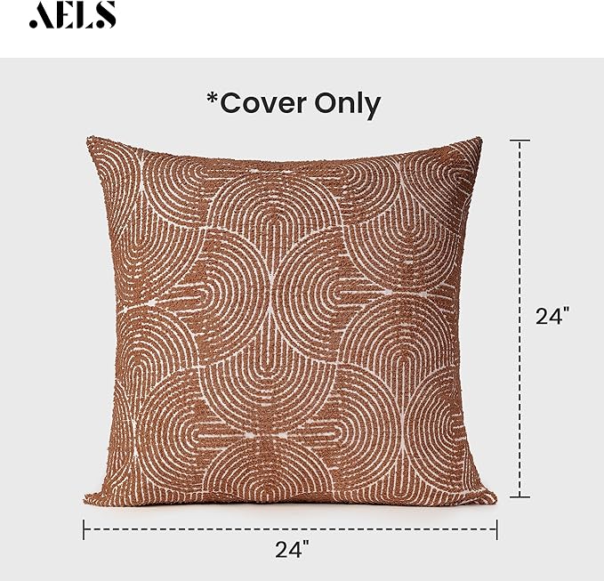 AELS Boho Decorative Textured Throw Pillow Covers 24x24, Modern Mid Century Rainbow Tufted Pillow Case, Farmhouse Rustic Geometric Woven Cushion Case for Bed Couch Sofa, Burnt Orange