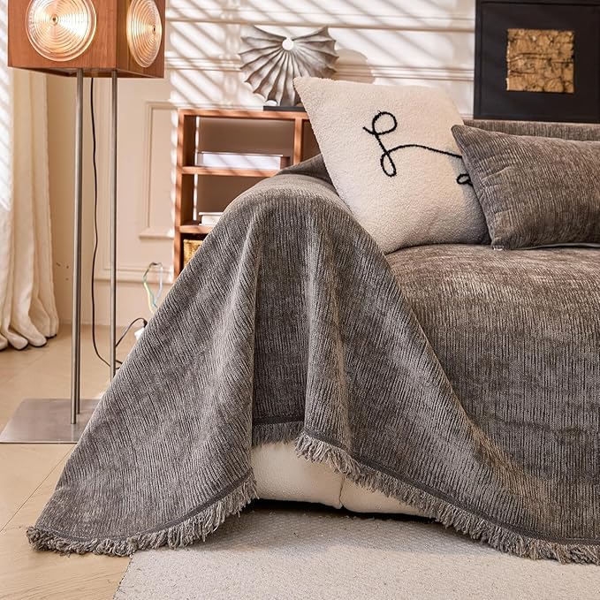 ROOMLIFE Sofa Cover, Boho Couch Cover for 3 Cushion Sofa, Non Slip Chenille Sofa Slipcovers for Dog, Washable Furniture Sofa Protector Cover with Tassel for Living Room, 71''X118”