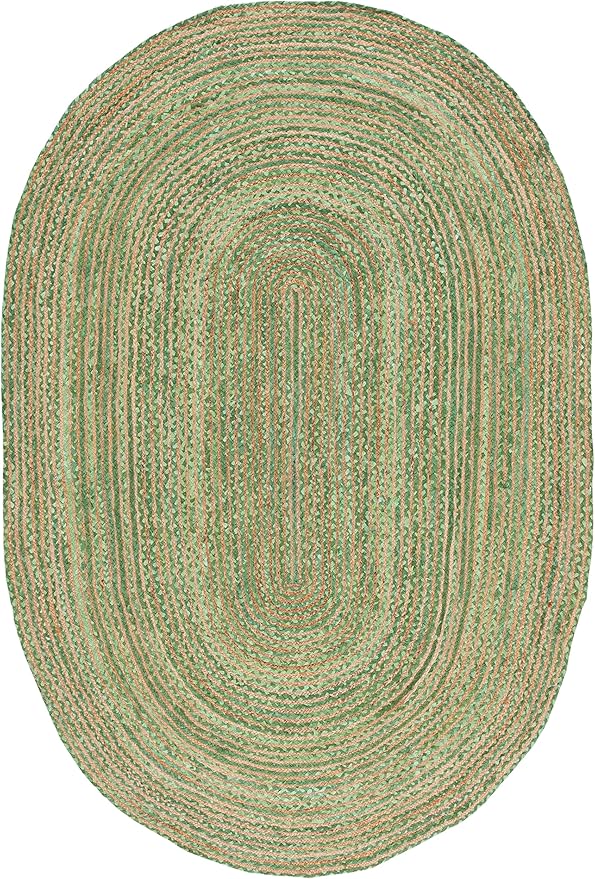 SAFAVIEH Area Rug 6x9 Oval- Cape Cod Collection - Green & Natural Brown, Handmade Jute & Cotton, Woven Braided Design (CAP202Y)