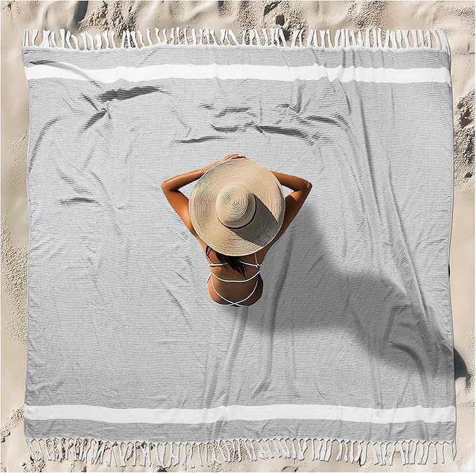 Oversized Turkish Beach Towel Blanket XXL Cotton Sandproof Towels Boho Woven Extra Large Big Sand Free Giant Throw Blankets Huge Quilt XL Picnic Camping Necessities Cloud For Adult Gifts Grey