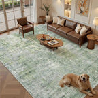 9x12 Area Rugs for Living Room, Non-Slip Machine Washable Vintage Rugs, Abstract Low Pile Lightweight Large Rug for Bedroom, Dining Room, Home Office Green Ivory