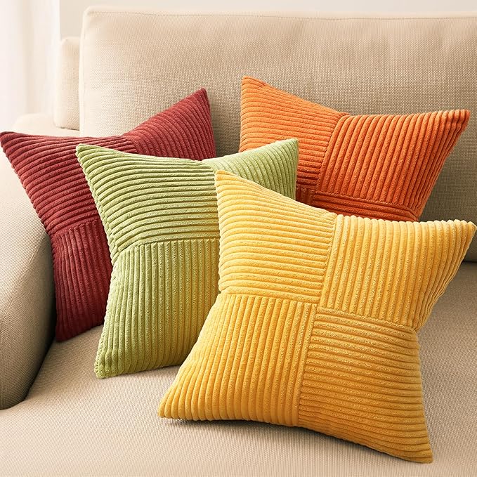 Topfinel Fall Burnt Orange Decorative Throw Pillows Covers 18x18,Soft Corduroy Square Throw Pillow Covers Set of 4,Western Farmhouse Cushion Cover for Couch Sofa Bedroom(Terracotta,Rust,Yellow)