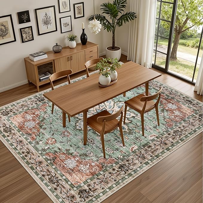 Area Rugs 10x12 Living Room Rug: Washable Rug Soft Vintage Distressed Floral Carpet Indoor Non-Slip Stain Resistant Large Carpets for Bedroom Dining Room Farmhouse Nursery Home Office Brown Green