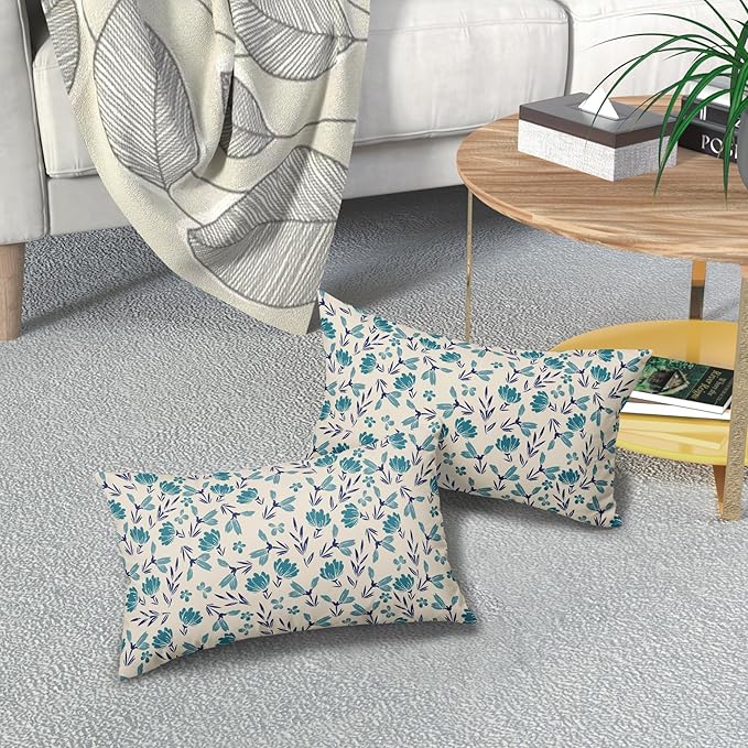 Navy Blue Teal Floral Pillow Covers 12x20 Set of 2 Vintage Rustic Old Style Cute Small Flower Print Rectangle Decorative Outdoor Pillowcases Farmhouse Throw Cushion Case Decor for Couch Sofa Bed