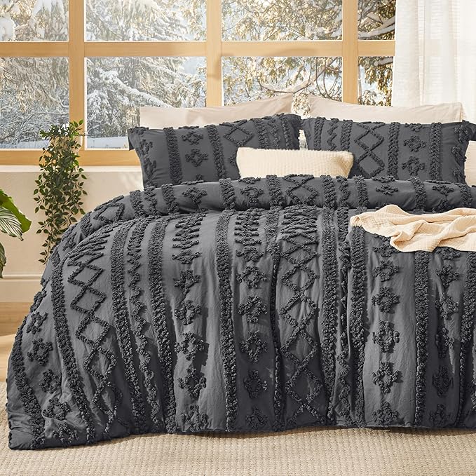 Bedsure Tufted Boho Comforter Set California King Size - Dark Grey Boho Bed Set, GentleSoft™ 3 Pieces Farmhouse Shabby Chic Embroidery Bedding, Gifts for Woman, Soft Jacquard Comforter for All Seasons