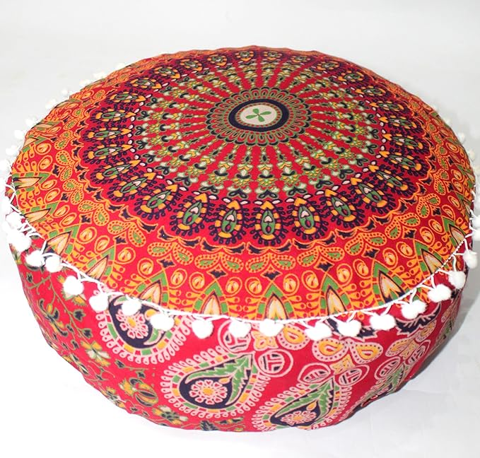INDIAN CRAFT CASTLE ICC Mandala Barmeri Large Floor Pillow Cover Cushion Meditation Seating Ottoman Throw Cover Hippie Decorative Zipped Bohemian Pouf Ottoman Cases Red, 24" Round