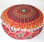 CRAFT KALA Red Peacock Large Hippie Mandala Meditation Floor Ottoman Pillow Cushion Pouf Cover Square Poufs Bohemian Circle Floor Cushion Case Outdoor Fireplace Yoga Living Room Decor Cover 24" Round
