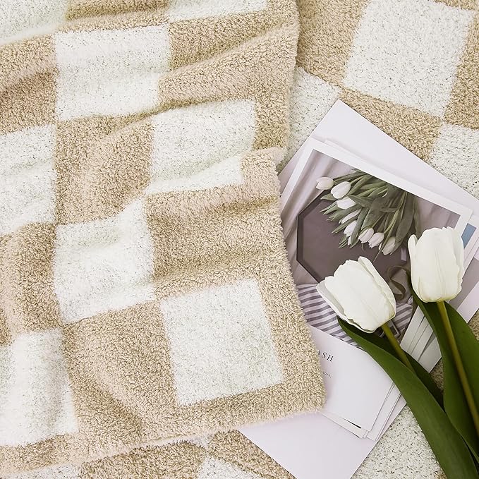 WRENSONGE Checkered Throw Blanket, Beige Soft Cozy Fluffy Warm Hand Made Throw Blankets for Couch, Sofa, Chair, Bed, Camping, Picnic, Travel Lightweight Bed Blanket - 50"*60"