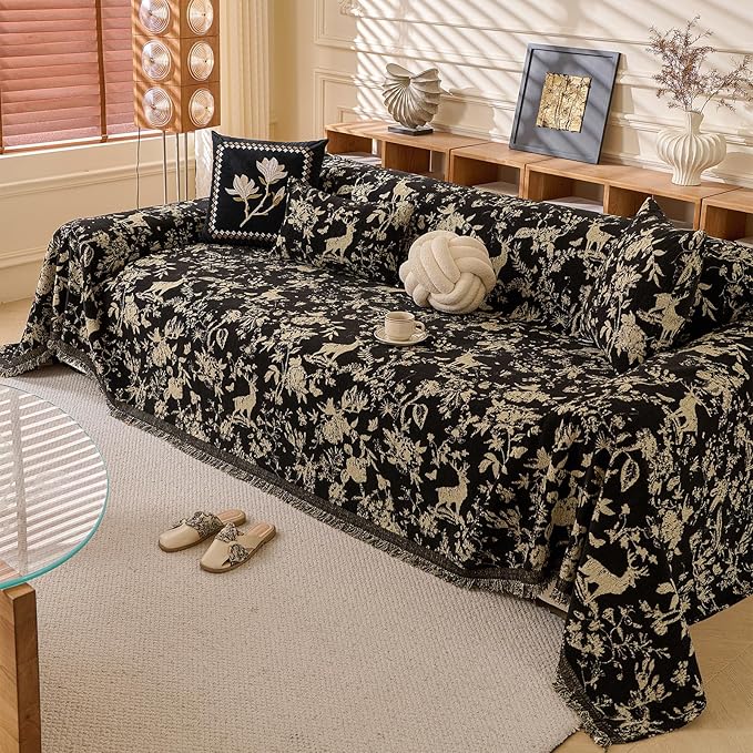ROOMLIFE Black Sofa Cover, Vintage Boho Couch Cover for 3 Cushion Sofa, Non Slip Soft Chenille Sofa Slipcovers for Dog, Washable Furniture Sofa Protector Cover with Tassel for Living Room, 71''X150”