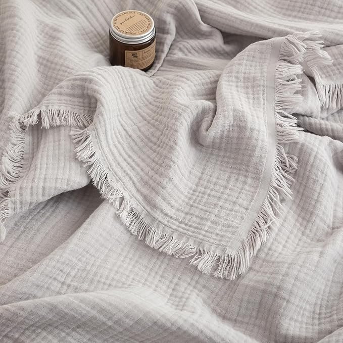 FOSSA Muslin Blanket with Fringe - 4-Layer 100% Cotton Gauze Super Soft & Breathable Throw -Lightweight Decorative Cooling Blanket for Bed, Sofa, Office (Grayish, Queen (90" × 90"))