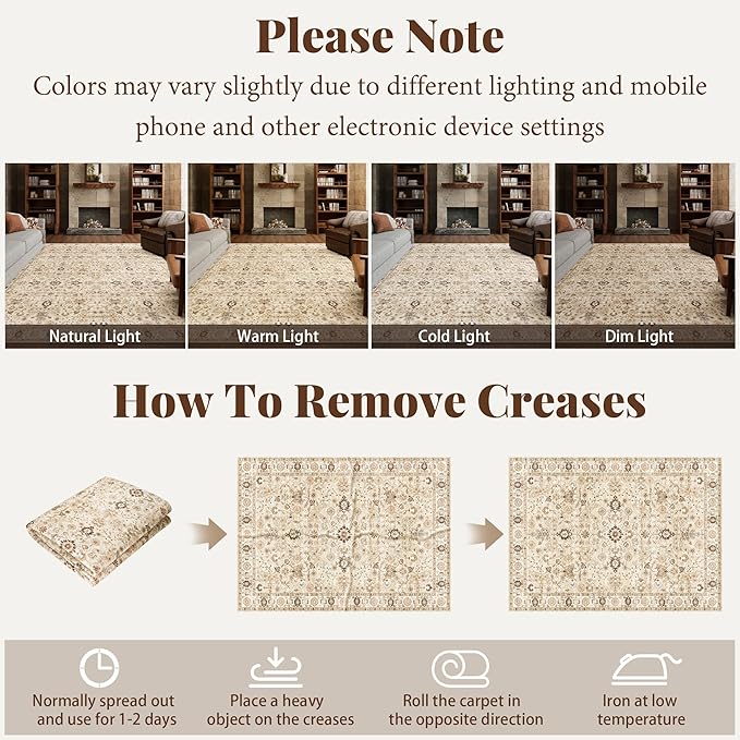 8x10 Washable Area Rugs Ultral Soft Non-Slip Stain Resistant Vintage Boho Large Carpet for High-Traffic Living Room & Dining Room