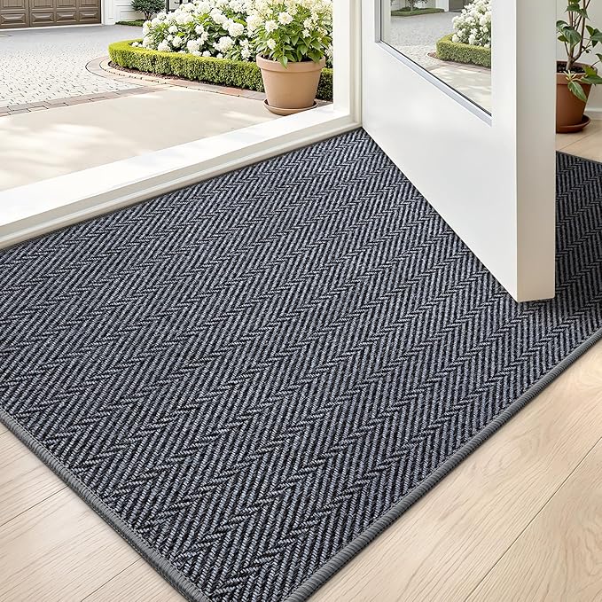 LUMI Ultra Thin Indoor Door Mat for Entrance 24"x36", Non Slip Entryway Mat, Low Profile Doormat, Unique Herringbone Design Carpet for Inside, Patio, Porch, Medium Gray