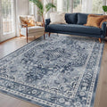 Blue Gray Living Room Rug 6x9, Washable Non Slip Transitional Medallion Rug for Dining Room Under Table, Modern Vintage Distressed Low Pile Thin Carpet Rugs for Den Bedrom Home Office
