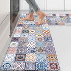 Boho Kitchen Rug Mats for Floor Cushioned Anti Fatigue Colorful Ceramic Tile Kitchen Rugs Sets of 2 Talavera Non Slip Waterproof Comfort Memory Foam Standing Floor Mat for Laundry Sink Desk
