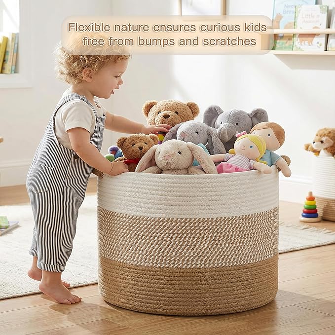 100L Large Cotton Rope Basket, Decorative Woven Blanket Storage for Living Room, Boho Toy Storage & Toy Box for Kids, Versatile Laundry Basket & Nursery Hamper for Blankets(Brown)