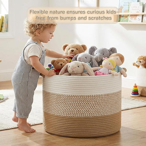 100L Large Cotton Rope Basket, Decorative Woven Blanket Storage for Living Room, Boho Toy Storage & Toy Box for Kids, Versatile Laundry Basket & Nursery Hamper for Blankets(Brown)