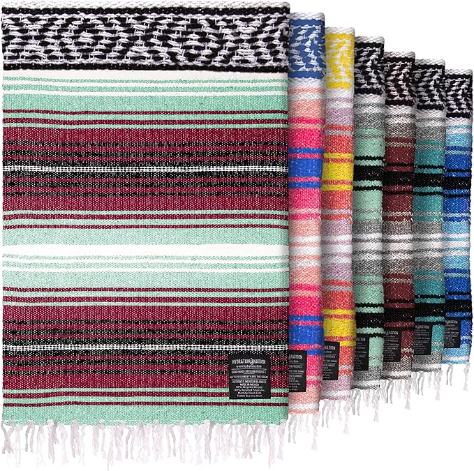 Hydration Nation Authentic Large Handwoven Mexican Blanket - Soft Yoga- Durable Serape- Lightweight Falsa, Beach, Camping, Picnic, Outdoor Blanket 70"x50" - Miami Vice