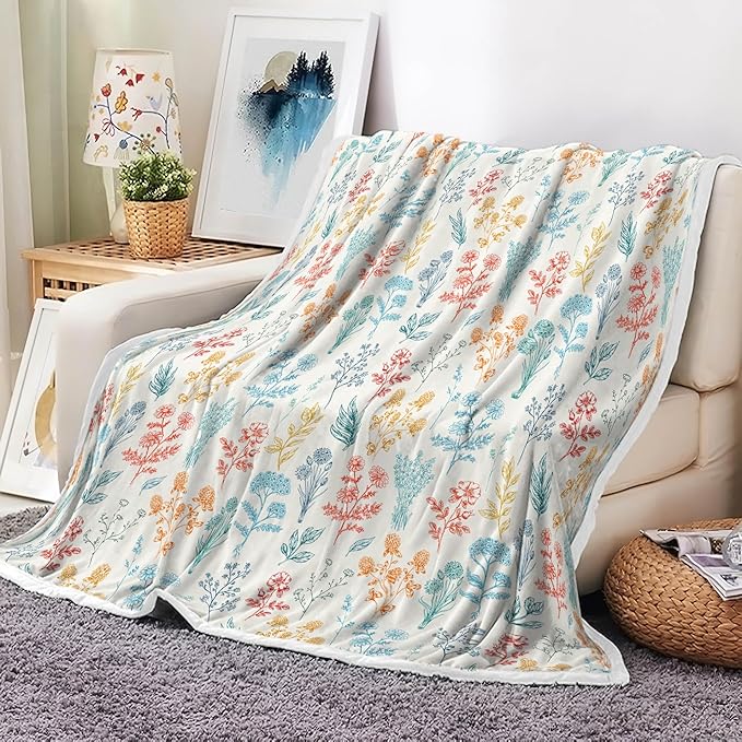 Floral Fuzzy Blanket Boho Floral Throw Blanket, Botanical Flowers Blankets, Soft, Flannel, Warm, Colorful Flowers Bed Blankets All Season for Couch Bedroom Living Room 50X70 Inch