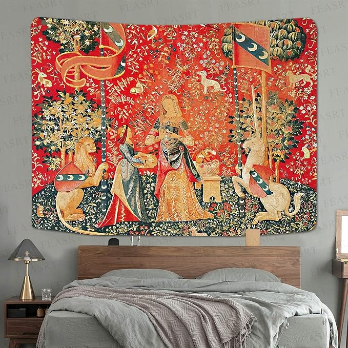FEASRT Medieval Maiden Tapestry, 60x40 Inches Soft Flannelette, Lady and Unicorn for Living Room Bedroom Dorm