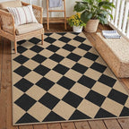 3x5 Checkered Easy Jute Outdoor Patio Rug Washable Area Rugs for Living Room Entryway Diamond Indoor Outdoor Mat Farmhouse Neutral Non Slip Black Door Carpet for Backyard Bedroom