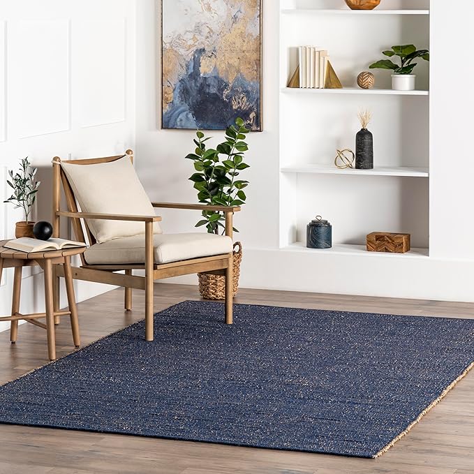 nuLOOM 9x12 Elfriede Jute & Cotton Hand Woven Area Rug, Blue, Solid Rustic Farmhouse Style, Weaved Design, Natural Fiber, For Bedroom, Living Room, Dining Room, Hallway, Office, Entryway