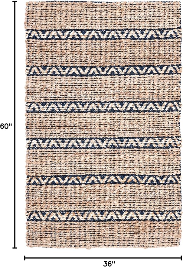 SAFAVIEH Natural Fiber Collection Accent Rug - 3' x 5', Navy & Natural, Handmade Flat Weave Stripe Jute & Cotton Jute, Ideal for High Traffic Areas in Entryway, Living Room, Bedroom (NFB655N)