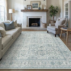 Area Rug 8x10 Blue Washable Living Room Carpet Soft Non Slip Vintage Bedroom Indoor Office Traditional Retro Distressed Large Throw Rug for Dining Room Playroom