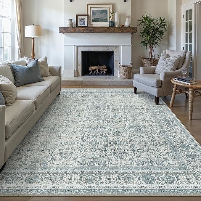 Area Rug 8x10 Blue Washable Living Room Carpet Soft Non Slip Vintage Bedroom Indoor Office Traditional Retro Distressed Large Throw Rug for Dining Room Playroom