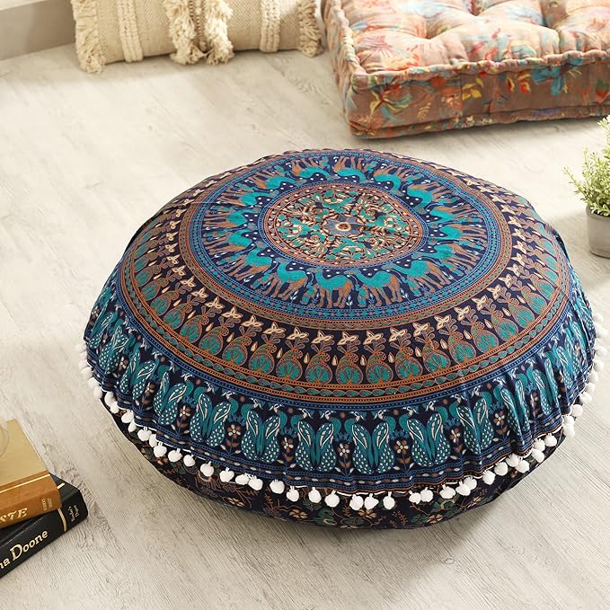 Popular Handicrafts Floor Pillow Cushion Cover - Hippie Elephant Mandala Cushion Cover Large Cotton - Pouf Cover Round Bohemian Yoga Decor, 32" Turqouise