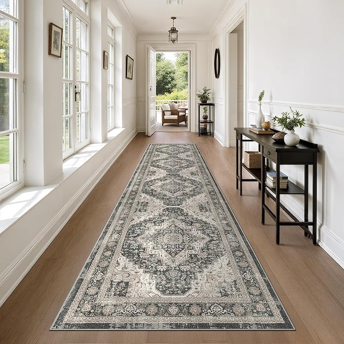 Washable Runner Rug 2.6x10 Runners for Hallways, Ultra-Thin Carpet Runners for Entryway Anti Slip Backing Runner Rugs for Kitchen Laundry Room Indoor Hallway (Black/Beige)