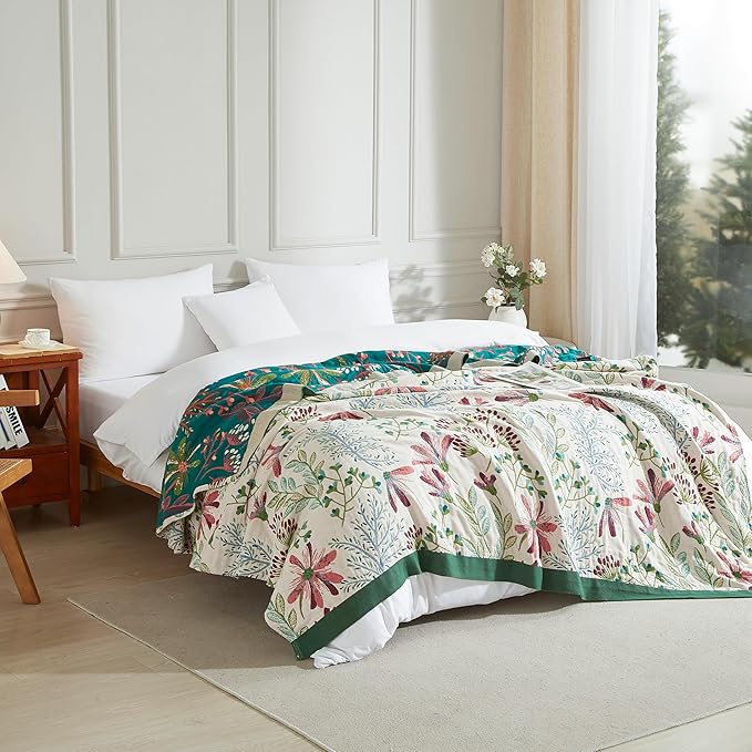Boho Throw Blanket for Bed 50”x60”, 100% Cotton Woven Blanket for Couch Sofa, Ultra Soft 4-Layer Muslin Quilt with Floral Printed, Farmhouse Bed Blanket/Cover for Living Room Decor