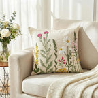 AVOIN colorlife Spring Summer Floral Daisy Embroidered Throw Pillow Covers, 18 x 18 Inch Colorful Flowers Decorative Tufted Patterned Linen Cushion Case for Sofa Couch Set of 2