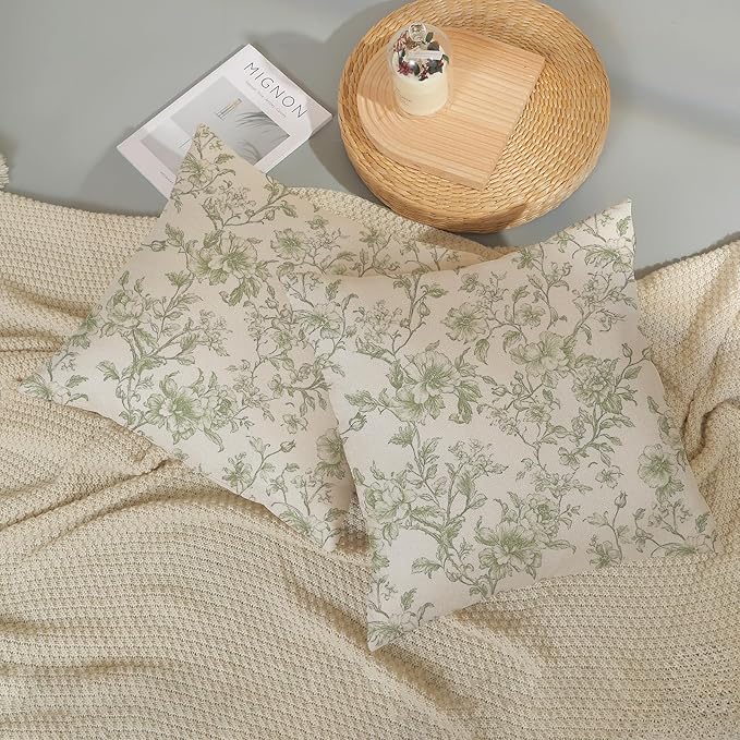 Sage Green Pillow Covers 18x18 Set of 2 Light Green Floral Chinoiserie Throw Pillows Vintage Rustic Toile Flower Decorative Pillow Cases Outdoor Chinoiserie Decor Cushion Case for Couch Sofa