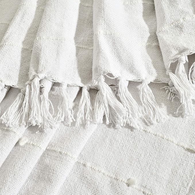Lush Decor Boho Tufted Cotton Woven Tassel Fringe Throw Blanket, White 60" x 50"