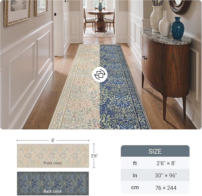 GENIMO Floral Reversible Runner Rug 2’6”x8’, Non-Slip Washable Low-Pile Lightweight Rug for Hallway, Kitchen, Laundry Room, Bedroom, Bathroom, Vintage Boho Indoor Decor, Beige/Navy