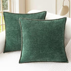 CaliTime Christmas Throw Pillow Covers Decorative 18 X 18 Inches Pack of 2 Cotton Thread Stitching Edges Solid Dyed Soft Chenille Cushion Cases for Couch Sofa Bed Living Room Farmhouse Dark Green