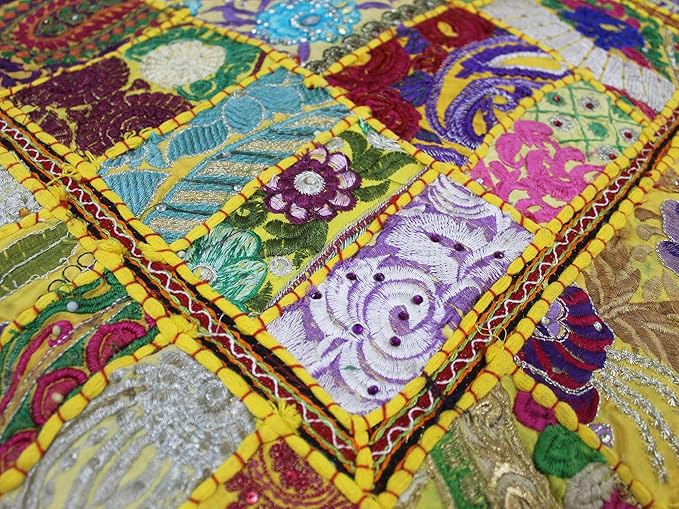 Mam Treasures Indian Bohemian Decorative Pillow Vintage Cushion Cover Patchwork Square Floor Pillow Cover Meditation Cushion Large Floor Pillow Indian Cushion (Yellow, 16 X 16 X 5 Inch)