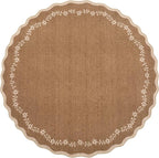 GarveeHome Round Area Rugs 4ft for Kids Room, Solid Brown Scalloped Washable Circle Rug Soft Non Slip Floral Print Floor Mat Carpet Indoor Thin Tent Rug for Bedroom Dining Room Playroom Nursery