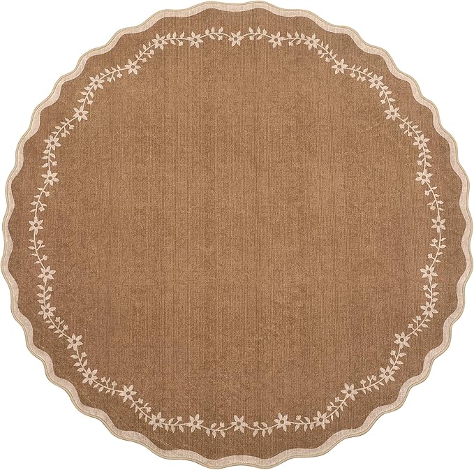 GarveeHome Round Area Rugs 4ft for Kids Room, Solid Brown Scalloped Washable Circle Rug Soft Non Slip Floral Print Floor Mat Carpet Indoor Thin Tent Rug for Bedroom Dining Room Playroom Nursery