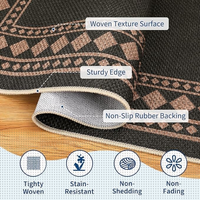 GarveeHome Large Easy Jute Rugs 10x13 Living Room Rug Modern Bordered Solid Rug with Non-Slip Backing, Non-Shedding Jute Indoor Outdoor Neutral Carpet for Dining Room, Patio, Backyard, Black Brown