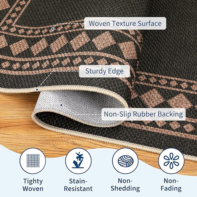 GarveeHome Solid Rugs Washable 8x10 Area Rug for Living Room Durable Easy Jute Rug with Non-Slip Backing, Non-Shedding Indoor Outdoor Carpet for Farmhouse Bedroom, Dining Room, Patio, Black Brown