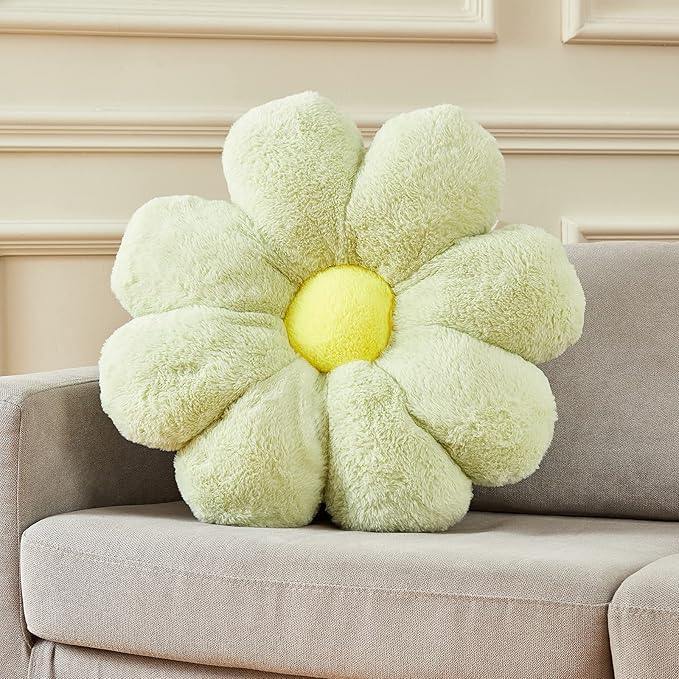 Large 21.6" Green Flower Pillow Floor Pillow & Office Chair Cushion – Faux Rabbit Fur Plush Decorative Pillow, Comfortable Gift for Adults