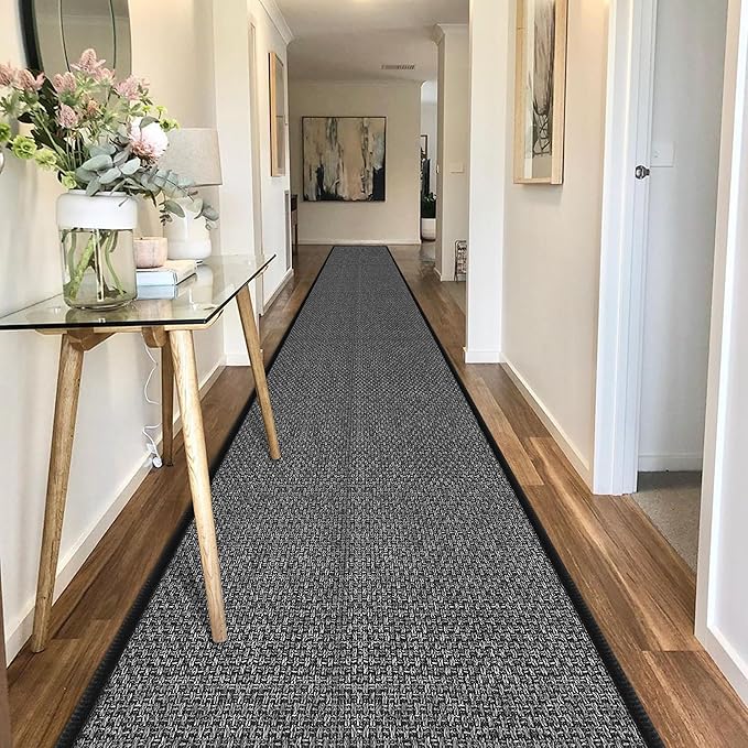 20 ft Jute Hallway Rug Runner Non Slip Washable, Rubber Backed Extra Kitchen Long Carpet Runner, Black Absorbent Laundry Room Rug Mat