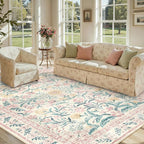 Lahome Sylvie Large Rugs for Living Room, Boho Machine Washable 8x10 Area Rugs Girls Bedroom Decor, Ultra-Thin Soft Distressed Floral Carpets Non Slip for Office Dining Room, Pink/Multi
