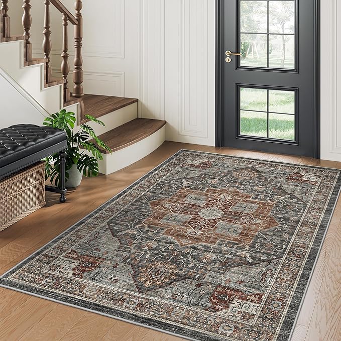 3x5 Area Rug - Washable Kitchen Rugs Non Slip,Soft Low Pile Small Rug for Entryway, Stain Resistant Vintage Area Rugs for Home Decor(Grey/Brown/Tan, 3'x5')