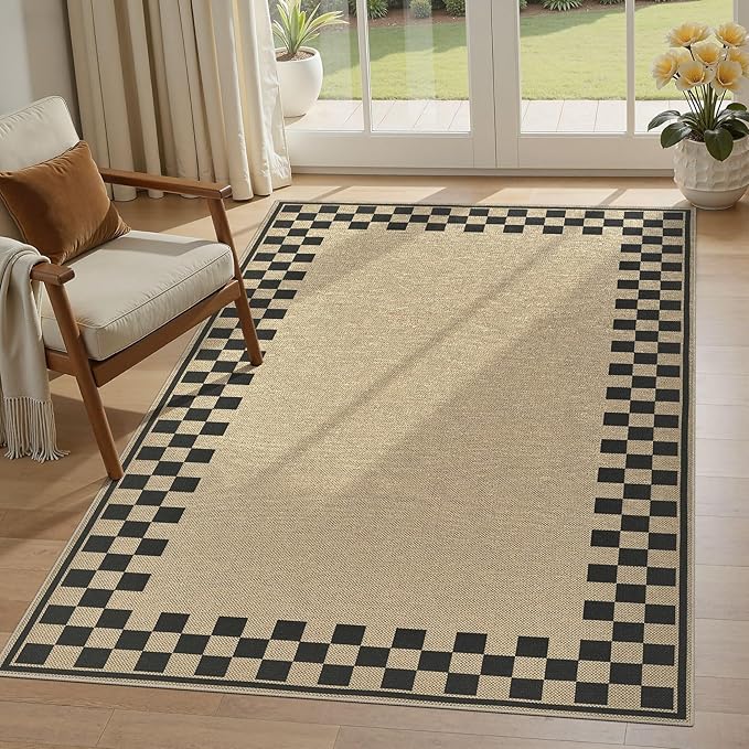4x6 Jute Rug for Living Room: Farmhouse Indoor Outdoor Rug Washable with Non-Slip for Bedroom Patio Backyard Dining Room Home Office - Checkered Brown