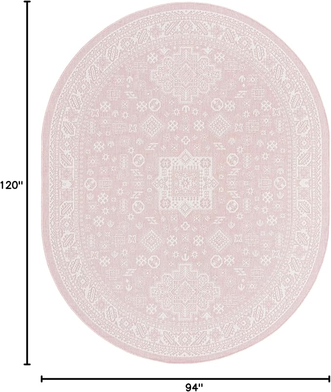 Rugs.com Outdoor Aztec Collection Rug – 8' x 10' Oval Pink Flatweave Rug Perfect for Living Rooms, Large Dining Rooms, Open Floorplans
